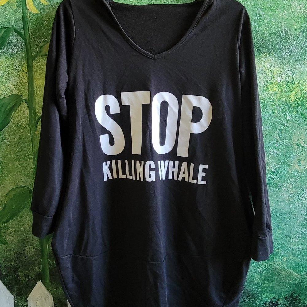 Stop Killing Whale Black Long Sleeve Shirt Dress